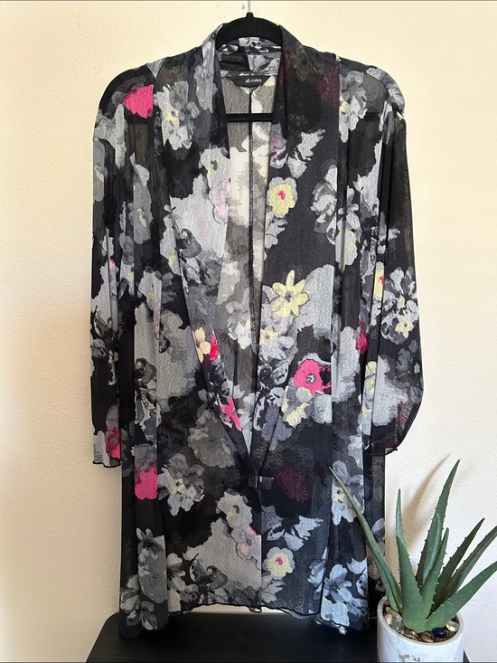 Ali Miles Tops - Ali Miles Sheer Floral Open-Front Black & Pink Kimono Cardigan